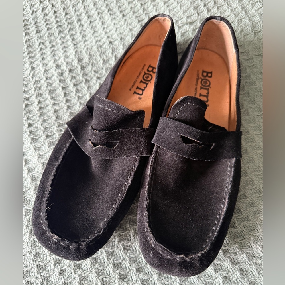 Born Black Suede Penny Loafers with Moc Toe